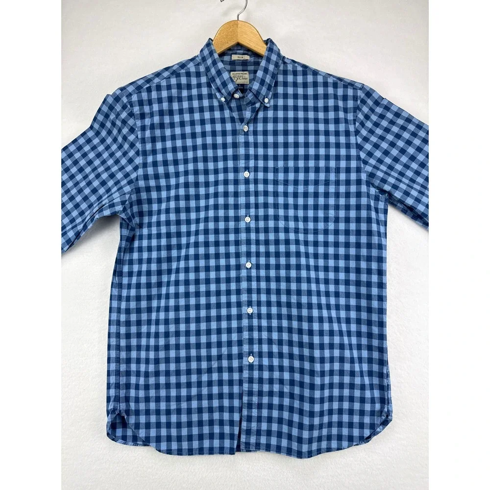 J. Crew Shirt Mens Large Blue Gingham Check Slim Fit Cotton Button‎ Down